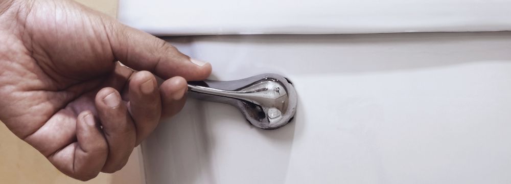 Man flushing toilet close up